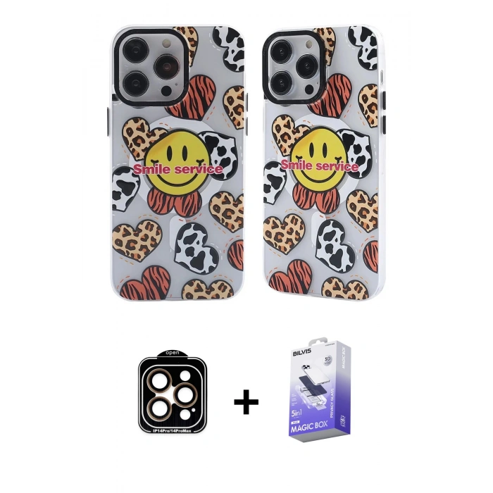 MARSİLYAN™- iPhone 14 Pro Max Kılıf Nova Doku Koleksiyonu - Siyah Bilvis 5in1 5D Magic Hayalet Cam Ekran Koruyucu + Turuncu PVD Metal Kamera Lens
