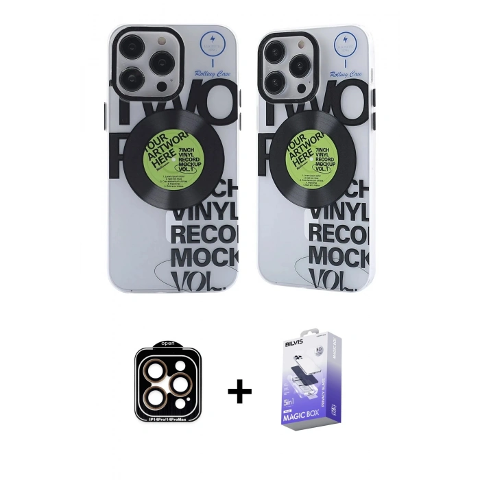 MARSİLYAN™- iPhone 14 Pro Max Kılıf Nova Doku Koleksiyonu - Siyah Bilvis 5in1 5D Magic Hayalet Cam Ekran Koruyucu + Turuncu PVD Metal Kamera Lens