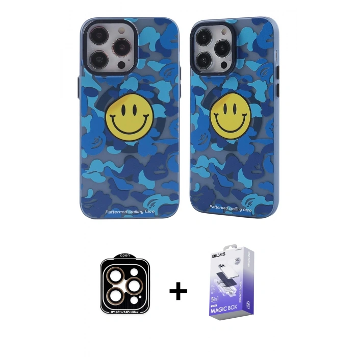 MARSİLYAN™- iPhone 14 Pro Max Kılıf Nova Doku Koleksiyonu - Siyah Bilvis 5in1 5D Magic Hayalet Cam Ekran Koruyucu + Turuncu PVD Metal Kamera Lens