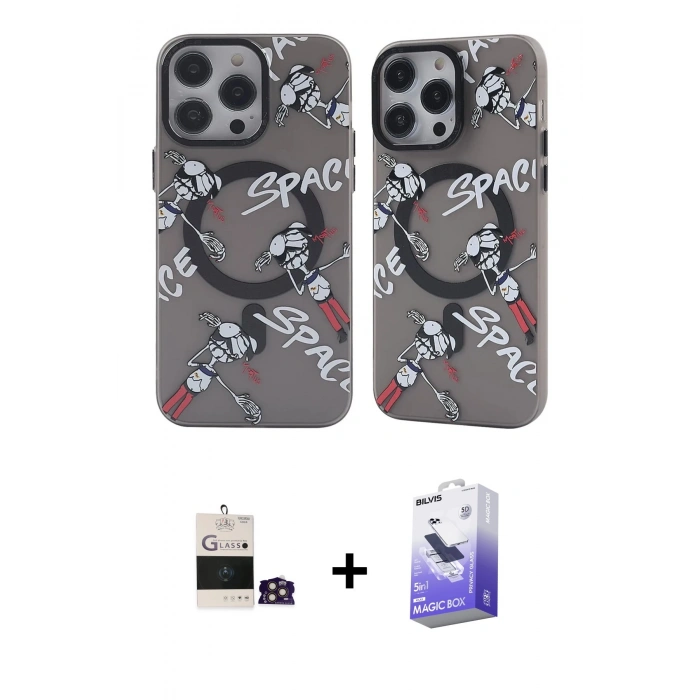 MARSİLYAN™- iPhone 14 Pro Max Kılıf Nova Doku Koleksiyonu - Siyah Bilvis 5in1 5D Magic Hayalet Cam Ekran Koruyucu + Bilvis Titan Kamera Lens - GD