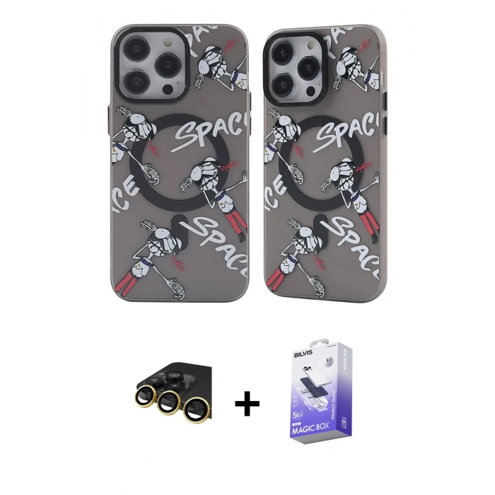 MARSİLYAN™- iPhone 14 Pro Max Kılıf Nova Doku Koleksiyonu - Siyah Bilvis 5in1 5D Magic Hayalet Cam Ekran Koruyucu + Raze Metal Kamera Lens - GD