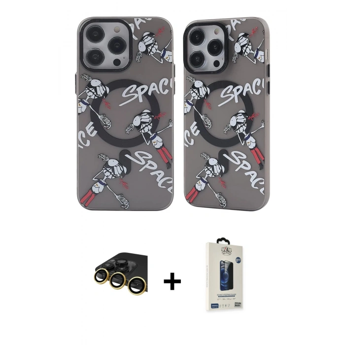 MARSİLYAN™- iPhone 14 Pro Max Kılıf Nova Doku Koleksiyonu - Siyah Bilvis Hayalet Cam Ekran Koruyucu + Raze Metal Kamera Lens - GD
