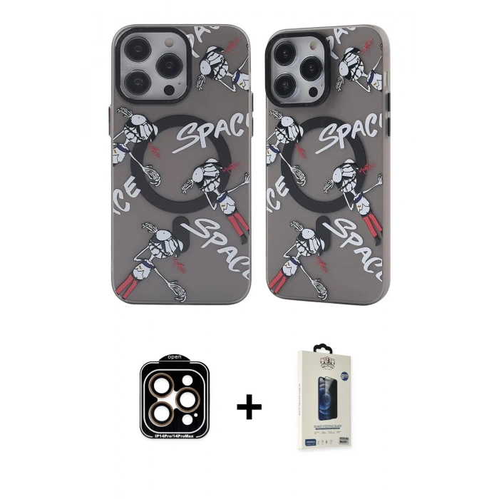 MARSİLYAN™- iPhone 14 Pro Max Kılıf Nova Doku Koleksiyonu - Siyah Bilvis Hayalet Cam Ekran Koruyucu + PVD Metal Kamera Lens - TU