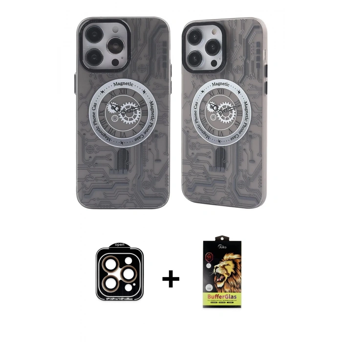 MARSİLYAN™- iPhone 14 Pro Max Kılıf Nova Doku Koleksiyonu - Siyah Buffer Cam Ekran Koruyucu + PVD Metal Kamera Lens - TU