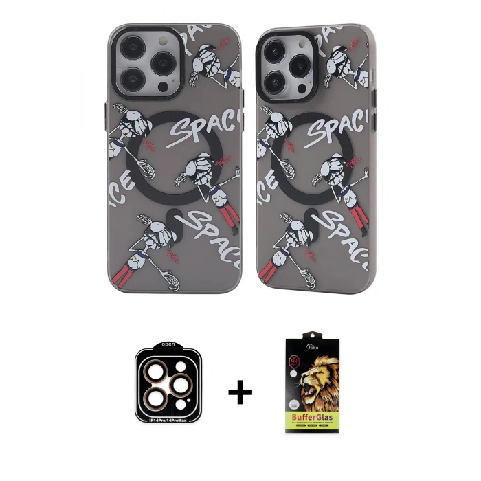 MARSİLYAN™- iPhone 14 Pro Max Kılıf Nova Doku Koleksiyonu - Siyah Buffer Cam Ekran Koruyucu + PVD Metal Kamera Lens - TU