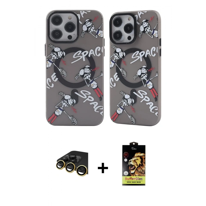 MARSİLYAN™- iPhone 14 Pro Max Kılıf Nova Doku Koleksiyonu - Siyah Buffer Cam Ekran Koruyucu + Raze Metal Kamera Lens - GD