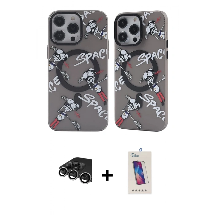 MARSİLYAN™- iPhone 14 Pro Max Kılıf Nova Doku Koleksiyonu - Siyah Joko 5D Cam + Gümüş Raze Metal Kamera Lens
