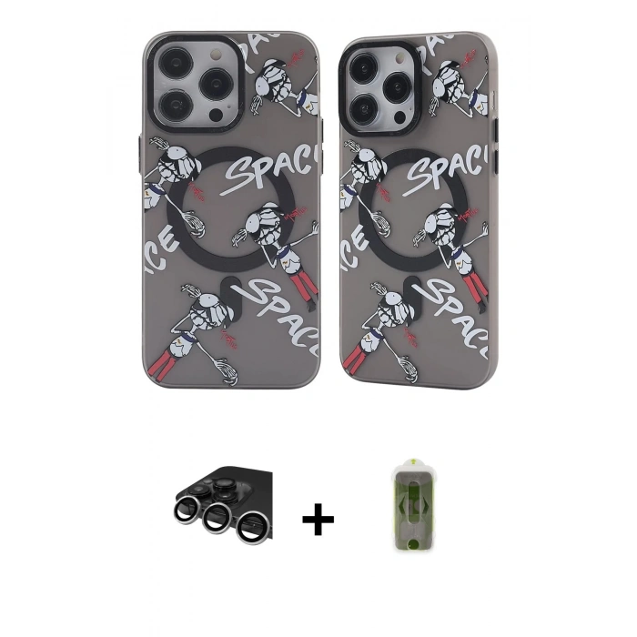 MARSİLYAN™- iPhone 14 Pro Max Kılıf Nova Doku Koleksiyonu - Siyah Joko Magic 5D Hayalet Cam + Gümüş Raze Metal Kamera Lens