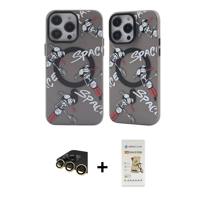 MARSİLYAN™- iPhone 14 Pro Max Kılıf Nova Doku Koleksiyonu - Siyah Mat Seramik Nano Ekran Koruyucu + Raze Metal Kamera Lens - GD