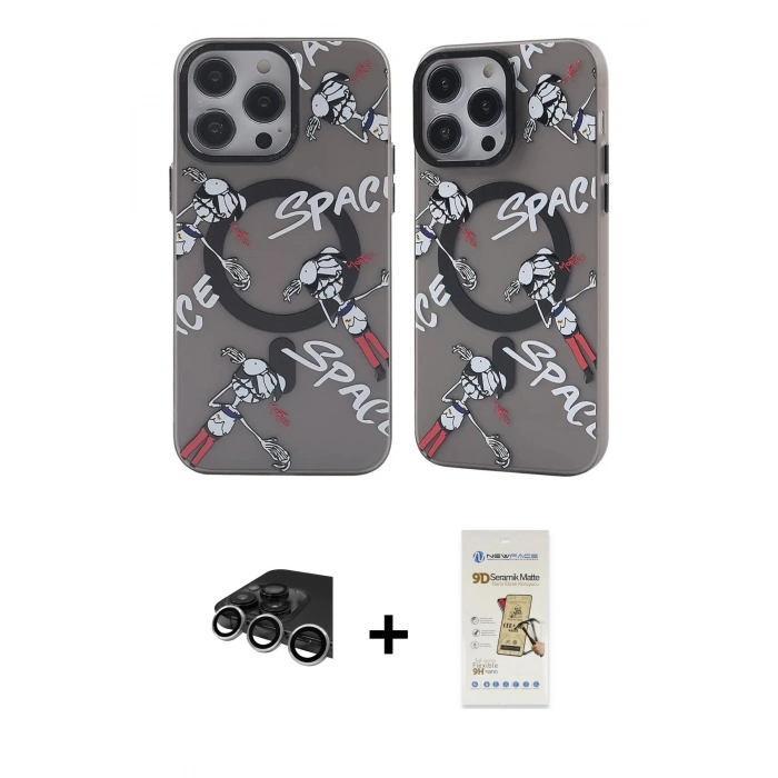 MARSİLYAN™- iPhone 14 Pro Max Kılıf Nova Doku Koleksiyonu - Siyah Mat Seramik Nano Ekran Koruyucu + Raze Metal Kamera Lens - GS