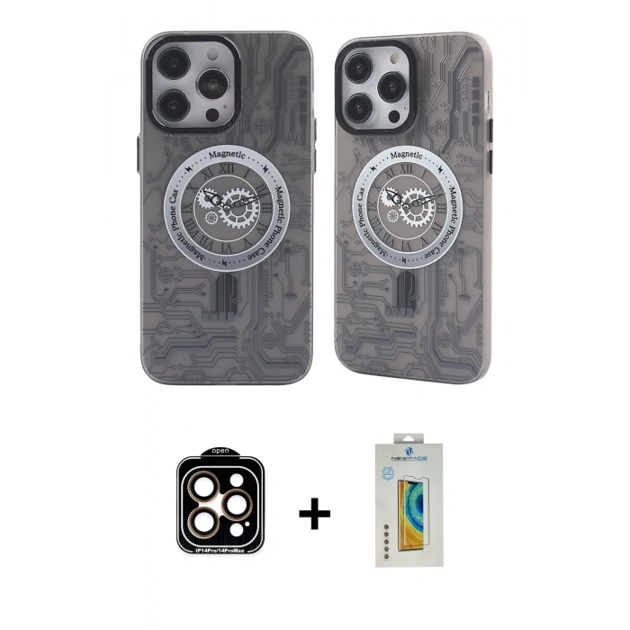 MARSİLYAN™- iPhone 14 Pro Max Kılıf Nova Doku Koleksiyonu - Siyah Polymer Nano Ekran Koruyucu + PVD Metal Kamera Lens - TU