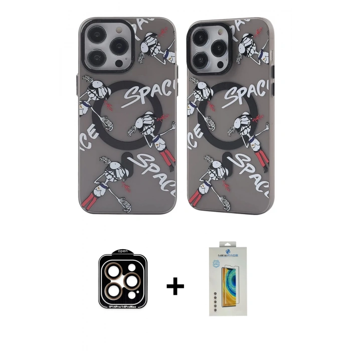 MARSİLYAN™- iPhone 14 Pro Max Kılıf Nova Doku Koleksiyonu - Siyah Polymer Nano Ekran Koruyucu + PVD Metal Kamera Lens - TU