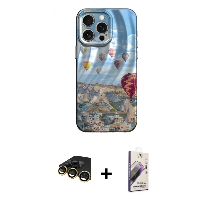 MARSİLYAN™- iPhone 14 Pro Max Kılıf Nova Doku Prime - Siyah Bilvis 3D Mat Cam Ekran Koruyucu + Gold Raze Metal Kamera Lens
