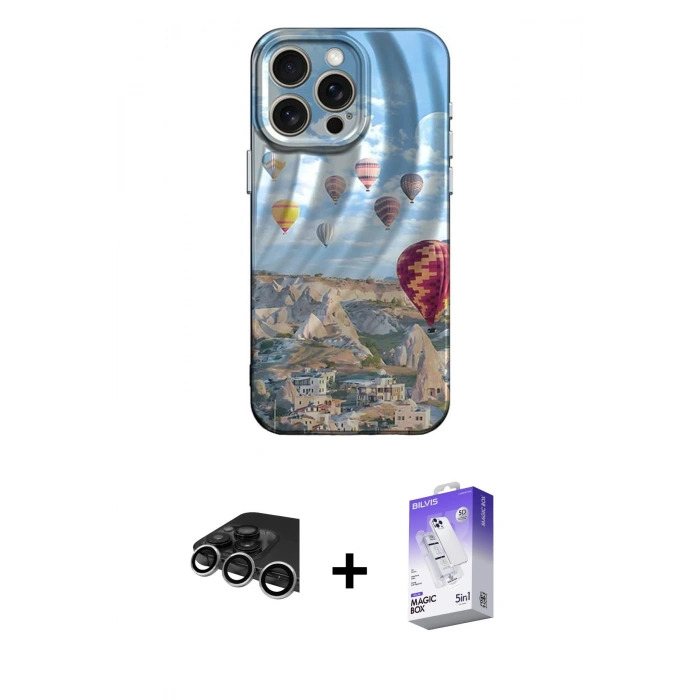 MARSİLYAN™- iPhone 14 Pro Max Kılıf Nova Doku Prime - Siyah Bilvis 5in1 3D Magic Cam Ekran Koruyucu + Gümüş Raze Metal Kamera Lens