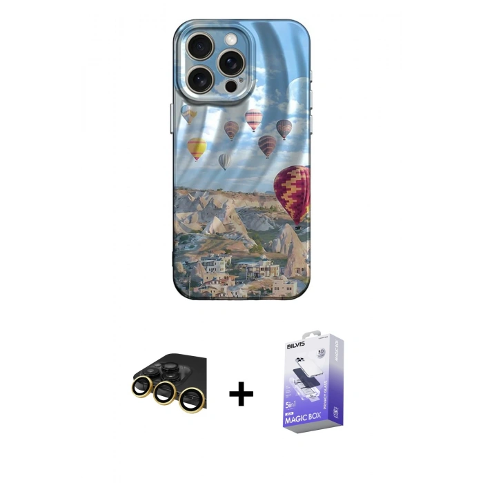 MARSİLYAN™- iPhone 14 Pro Max Kılıf Nova Doku Prime - Siyah Bilvis 5in1 5D Magic Hayalet Cam Ekran Koruyucu + Raze Metal Kamera Lens - GD