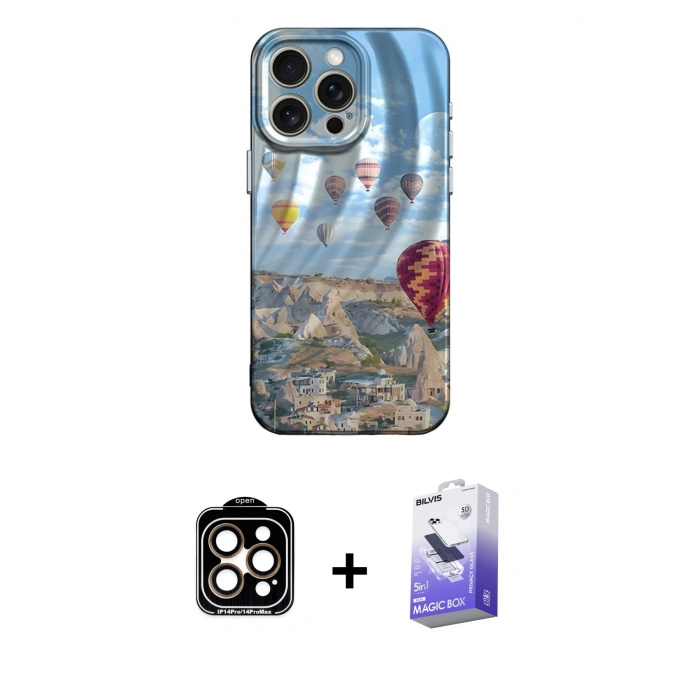 MARSİLYAN™- iPhone 14 Pro Max Kılıf Nova Doku Prime - Siyah Bilvis 5in1 5D Magic Hayalet Cam Ekran Koruyucu + PVD Metal Kamera Lens - TU