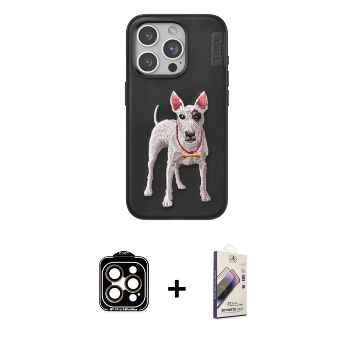 MARSİLYAN™- iPhone 14 Pro Max Kılıf Nova Form Koleksiyonu - Siyah Bilvis 3D Mat Cam Ekran Koruyucu + PVD Metal Kamera Lens - TU