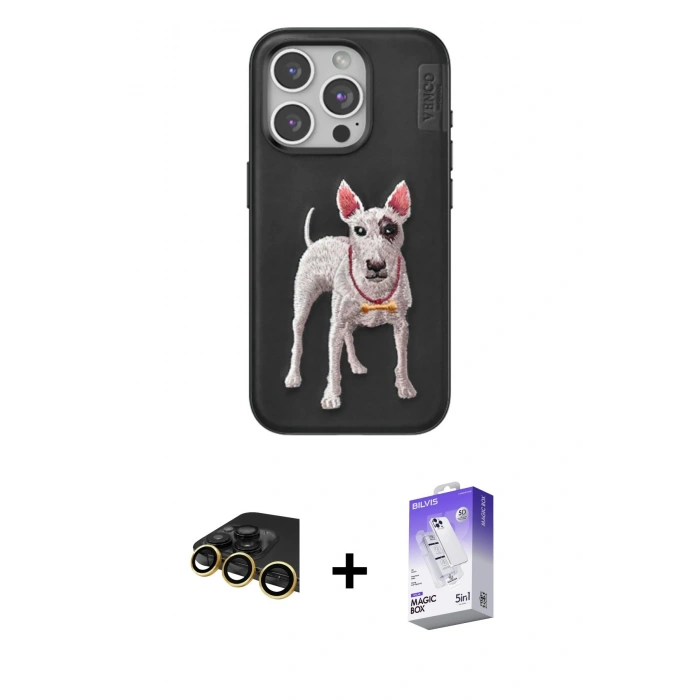 MARSİLYAN™- iPhone 14 Pro Max Kılıf Nova Form Koleksiyonu - Siyah Bilvis 5in1 3D Magic Cam Ekran Koruyucu + Gold Raze Metal Kamera Lens