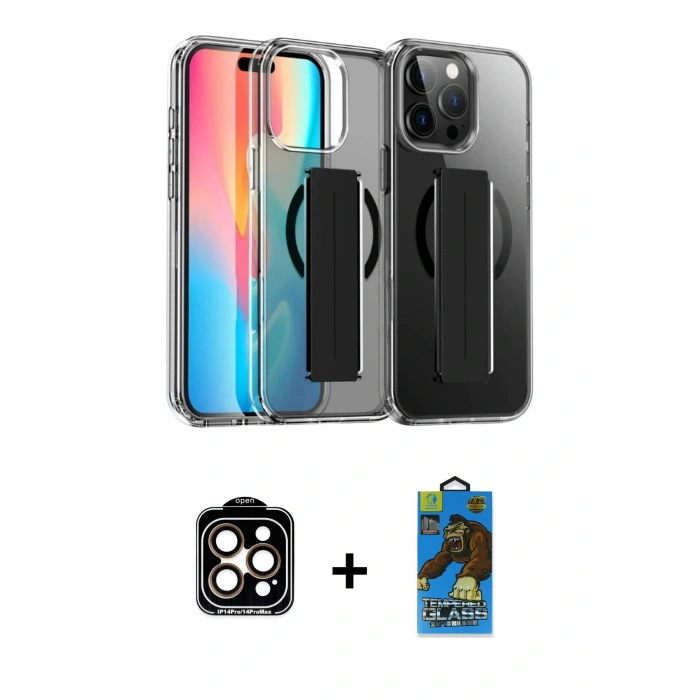 MARSİLYAN™- iPhone 14 Pro Max Kılıf Nova Işık Koleksiyonu - Siyah 18D Cam Ekran Koruyucu + PVD Metal Kamera Lens - TU