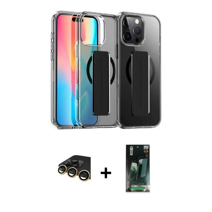 MARSİLYAN™- iPhone 14 Pro Max Kılıf Nova Işık Koleksiyonu - Siyah 360 Mat Full Body Arka Koruyucu + Gold Raze Metal Kamera Lens