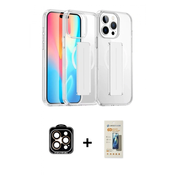 MARSİLYAN™- iPhone 14 Pro Max Kılıf Nova Işık Koleksiyonu - Siyah 6D Mat Seramik Hayalet Nano Ekran Koruyucu + PVD Metal Kamera Lens - TU
