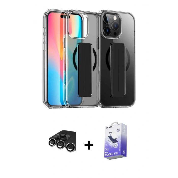 MARSİLYAN™- iPhone 14 Pro Max Kılıf Nova Işık Koleksiyonu - Siyah Bilvis 5in1 5D Magic Hayalet Cam Ekran Koruyucu + Raze Metal Kamera Lens - GS