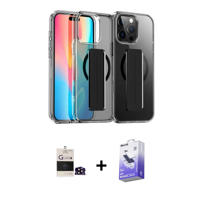 MARSİLYAN™- iPhone 14 Pro Max Kılıf Nova Işık Koleksiyonu - Siyah Bilvis 5in1 5D Magic Hayalet Cam Ekran Koruyucu + Bilvis Titan Kamera Lens - SH