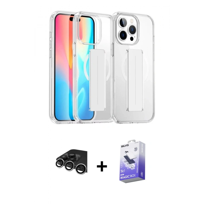 MARSİLYAN™- iPhone 14 Pro Max Kılıf Nova Işık Koleksiyonu - Siyah Bilvis 5in1 5D Magic Hayalet Cam Ekran Koruyucu + Raze Metal Kamera Lens - GS