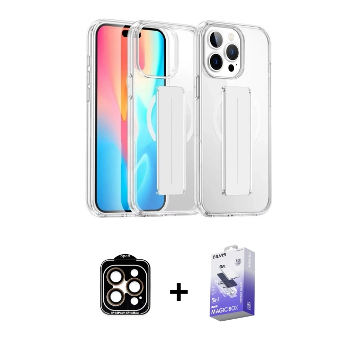 MARSİLYAN™- iPhone 14 Pro Max Kılıf Nova Işık Koleksiyonu - Siyah Bilvis 5in1 5D Magic Hayalet Cam Ekran Koruyucu + Turuncu PVD Metal Kamera Lens