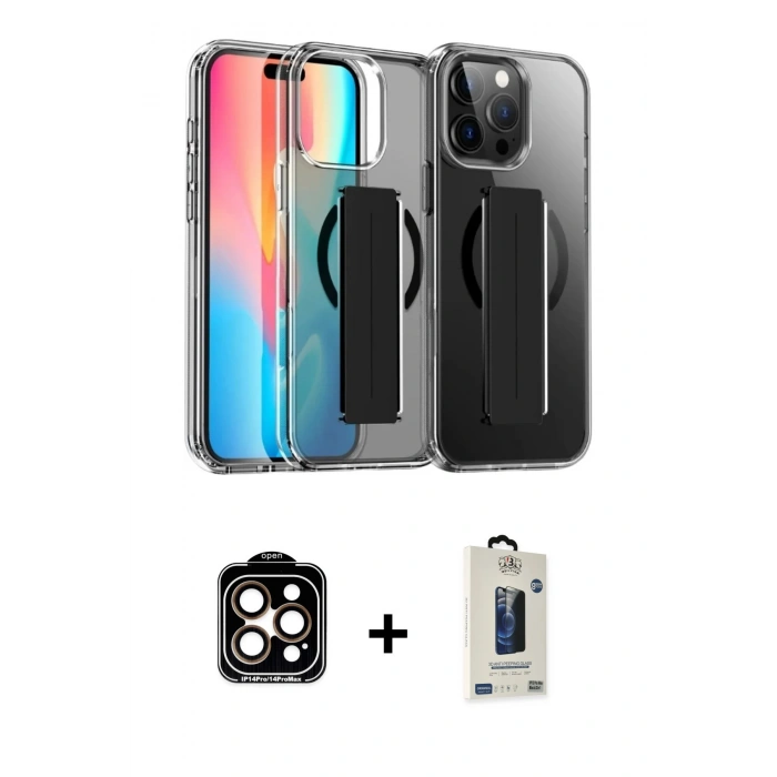 MARSİLYAN™- iPhone 14 Pro Max Kılıf Nova Işık Koleksiyonu - Siyah Bilvis Hayalet Cam Ekran Koruyucu + PVD Metal Kamera Lens - TU