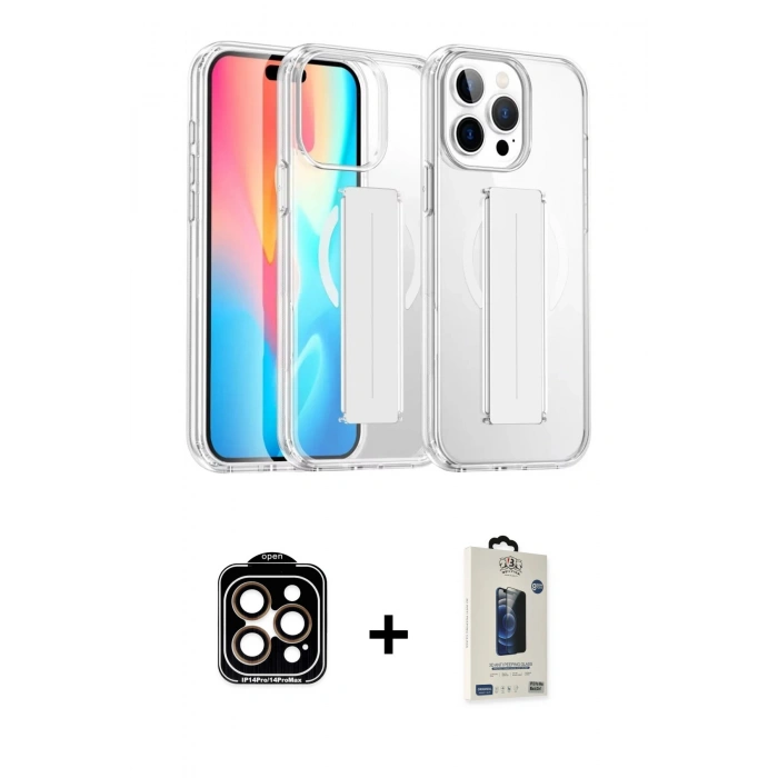 MARSİLYAN™- iPhone 14 Pro Max Kılıf Nova Işık Koleksiyonu - Siyah Bilvis Hayalet Cam Ekran Koruyucu + PVD Metal Kamera Lens - TU