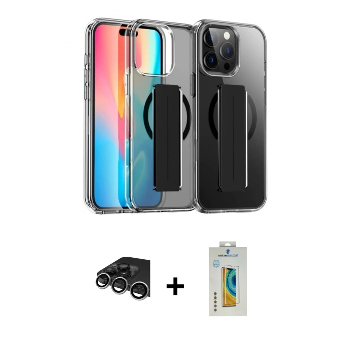 MARSİLYAN™- iPhone 14 Pro Max Kılıf Nova Işık Koleksiyonu - Siyah Polymer Nano Ekran Koruyucu + Gümüş Raze Metal Kamera Lens