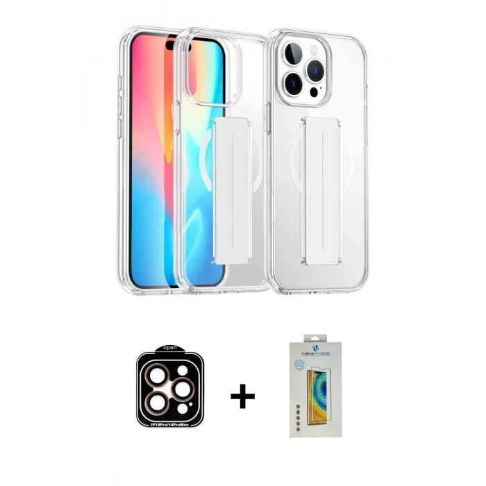 MARSİLYAN™- iPhone 14 Pro Max Kılıf Nova Işık Koleksiyonu - Siyah Polymer Nano Ekran Koruyucu + Turuncu PVD Metal Kamera Lens