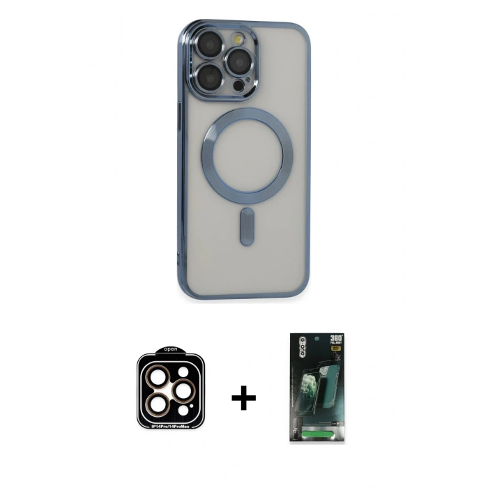 MARSİLYAN™- iPhone 14 Pro Max Kılıf Nova Işık Özel Seri - Şeffaf 360 Full Body Arka Koruyucu + PVD Metal Kamera Lens - TU