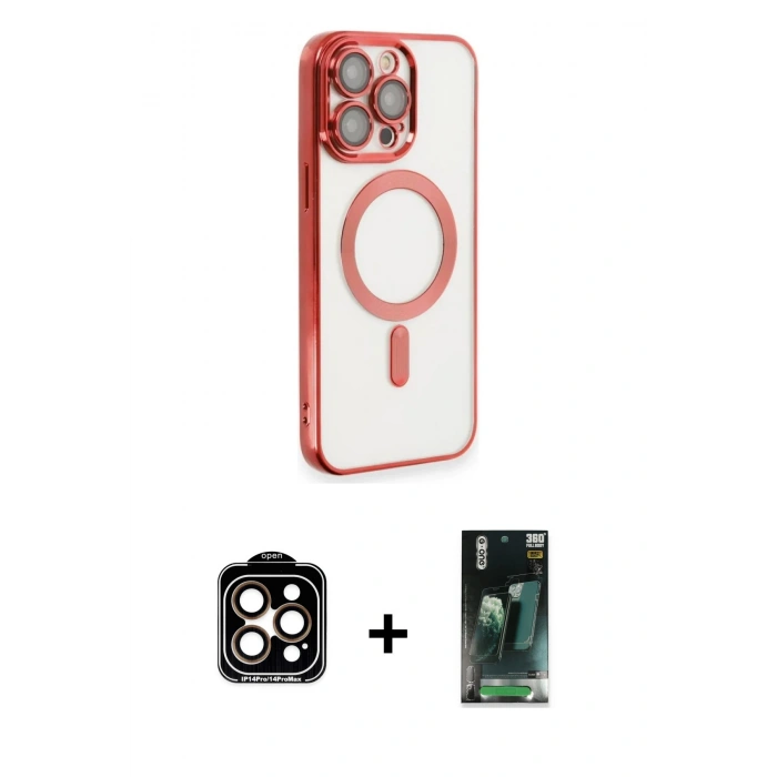 MARSİLYAN™- iPhone 14 Pro Max Kılıf Nova Işık Özel Seri - Şeffaf 360 Full Body Arka Koruyucu + PVD Metal Kamera Lens - TU