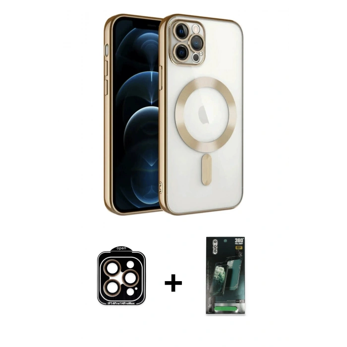 MARSİLYAN™- iPhone 14 Pro Max Kılıf Nova Işık Özel Seri - Şeffaf 360 Full Body Arka Koruyucu + PVD Metal Kamera Lens - TU
