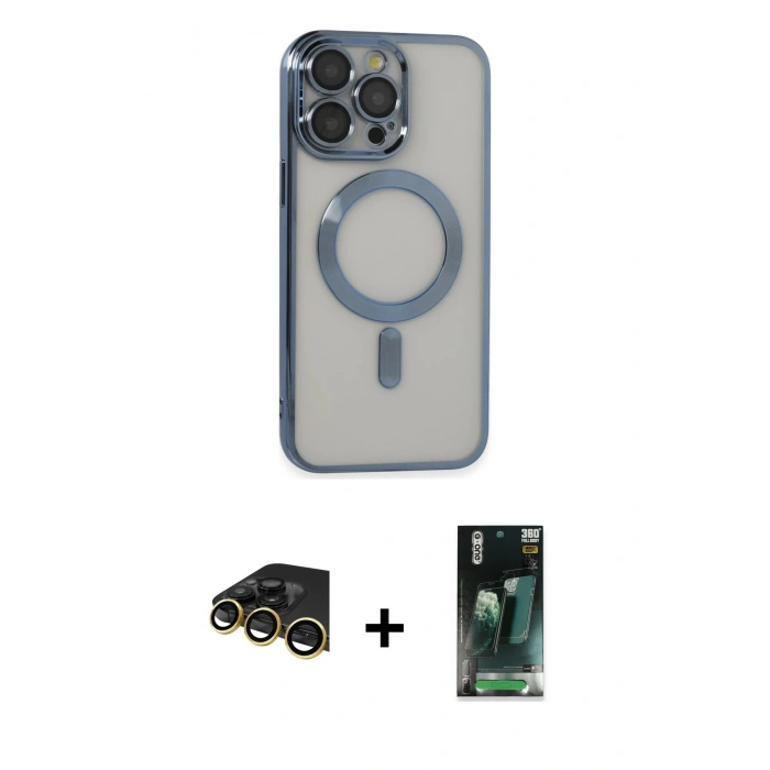 MARSİLYAN™- iPhone 14 Pro Max Kılıf Nova Işık Özel Seri - Şeffaf 360 Full Body Arka Koruyucu + Raze Metal Kamera Lens - GD