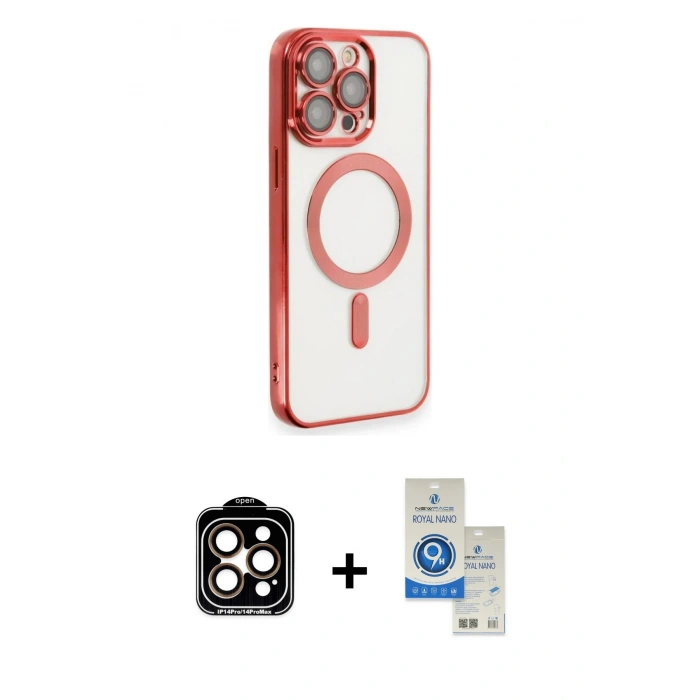 MARSİLYAN™- iPhone 14 Pro Max Kılıf Nova Işık Özel Seri - Şeffaf Royal Nano Ekran Koruyucu + Turuncu PVD Metal Kamera Lens