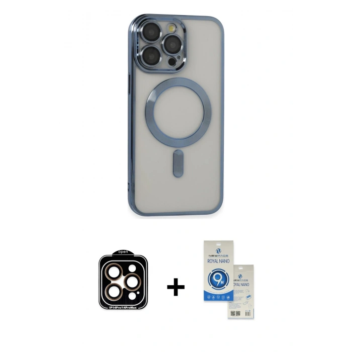 MARSİLYAN™- iPhone 14 Pro Max Kılıf Nova Işık Özel Seri - Şeffaf Royal Nano Ekran Koruyucu + Turuncu PVD Metal Kamera Lens