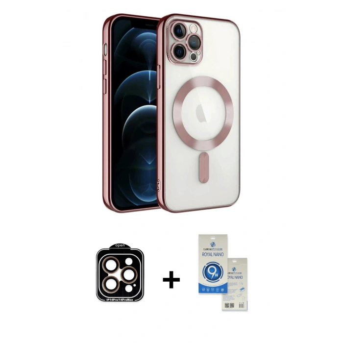 MARSİLYAN™- iPhone 14 Pro Max Kılıf Nova Işık Özel Seri - Şeffaf Royal Nano Ekran Koruyucu + Turuncu PVD Metal Kamera Lens