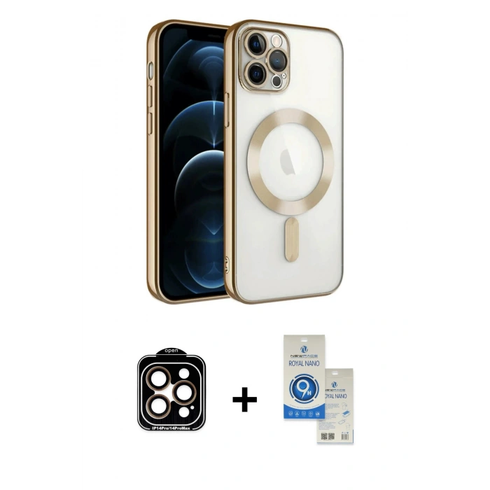 MARSİLYAN™- iPhone 14 Pro Max Kılıf Nova Işık Özel Seri - Şeffaf Royal Nano Ekran Koruyucu + Turuncu PVD Metal Kamera Lens