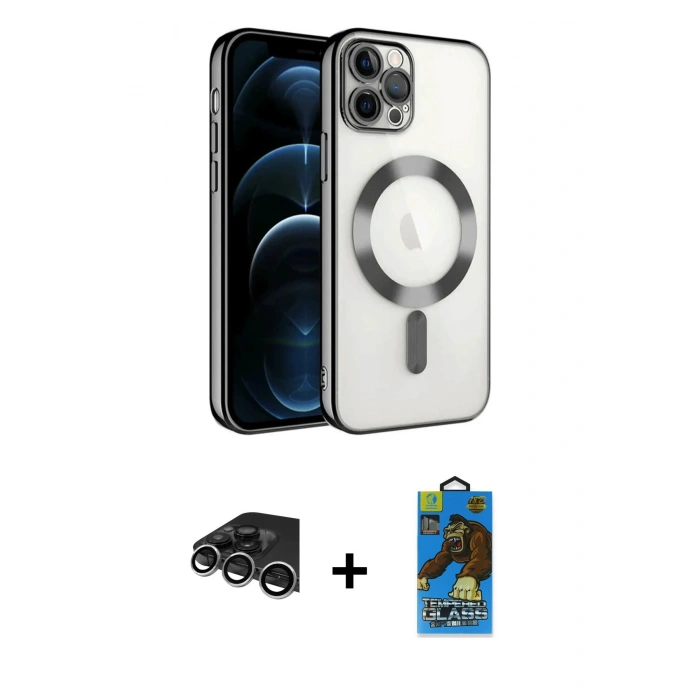 MARSİLYAN™- iPhone 14 Pro Max Kılıf Nova Işık Özel Seri - Siyah 18D Cam Ekran Koruyucu + Raze Metal Kamera Lens - GS