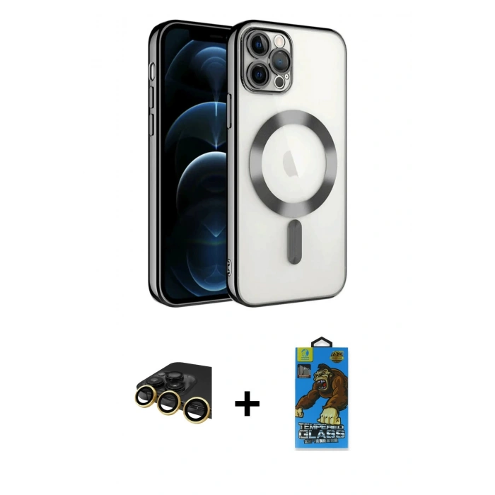 MARSİLYAN™- iPhone 14 Pro Max Kılıf Nova Işık Özel Seri - Siyah 18D Cam Ekran Koruyucu + Raze Metal Kamera Lens - GD