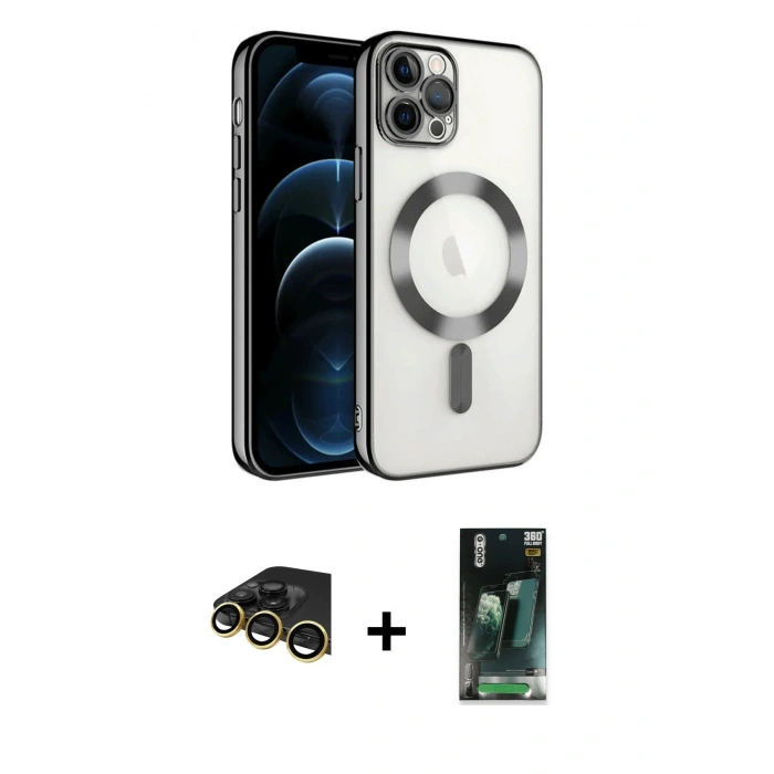 MARSİLYAN™- iPhone 14 Pro Max Kılıf Nova Işık Özel Seri - Siyah 360 Mat Full Body Arka Koruyucu + Raze Metal Kamera Lens - GD