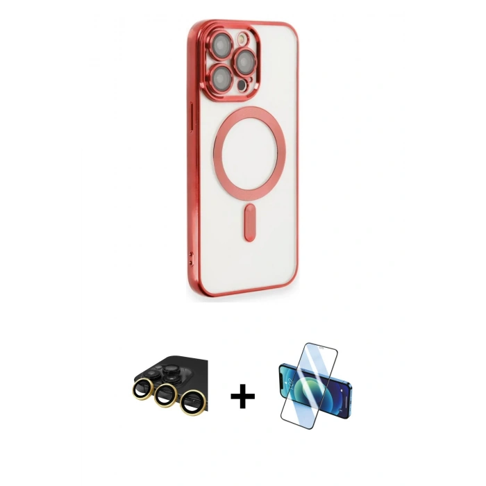 MARSİLYAN™- iPhone 14 Pro Max Kılıf Nova Işık Özel Seri - Siyah 3D Antistatik Cam Ekran Koruyucu + Gold Raze Metal Kamera Lens