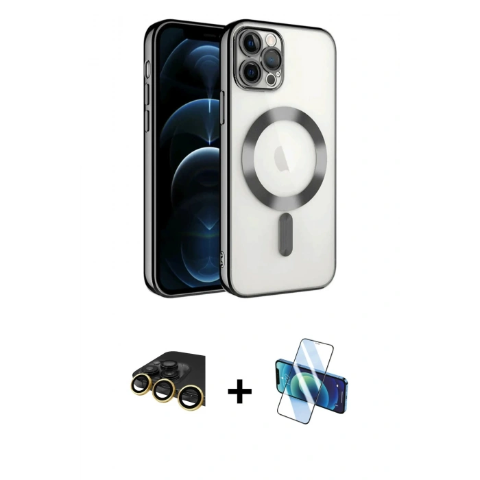 MARSİLYAN™- iPhone 14 Pro Max Kılıf Nova Işık Özel Seri - Siyah 3D Antistatik Cam Ekran Koruyucu + Raze Metal Kamera Lens - GD