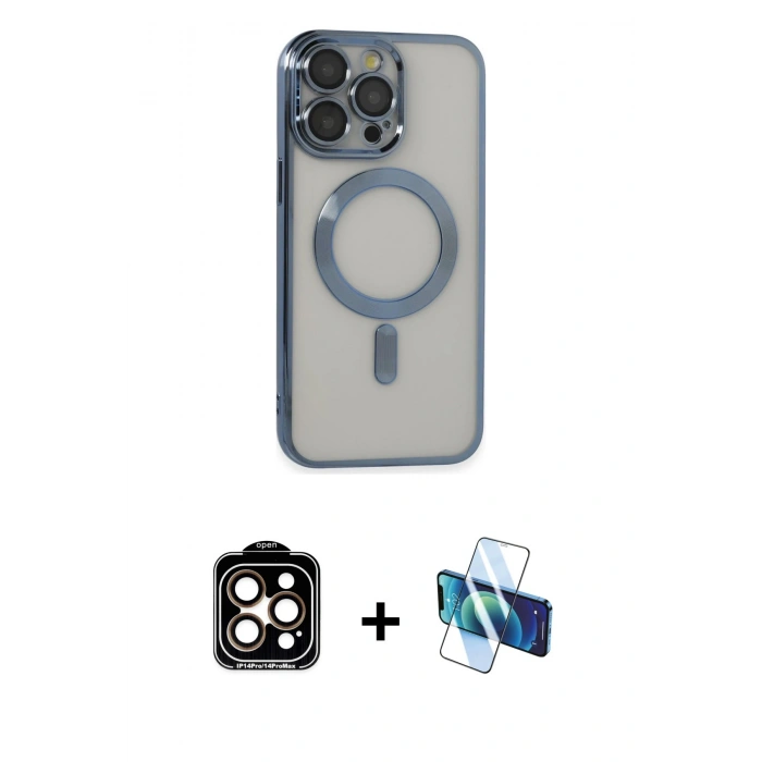 MARSİLYAN™- iPhone 14 Pro Max Kılıf Nova Işık Özel Seri - Siyah 3D Antistatik Cam Ekran Koruyucu + Turuncu PVD Metal Kamera Lens