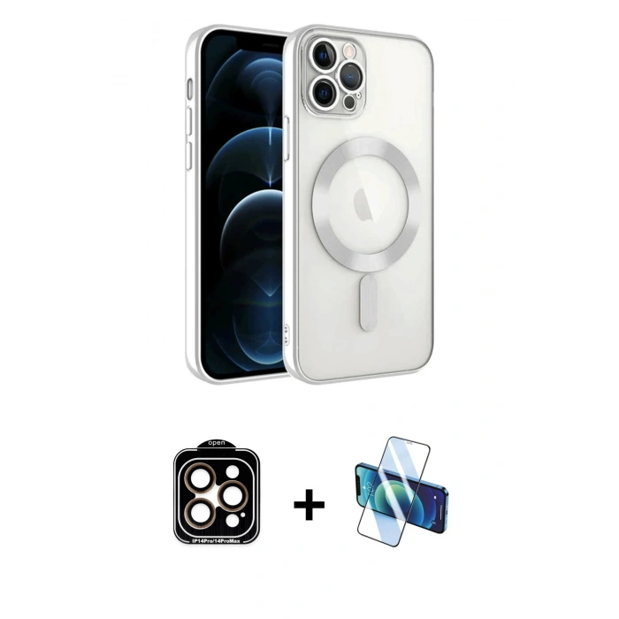 MARSİLYAN™- iPhone 14 Pro Max Kılıf Nova Işık Özel Seri - Siyah 3D Antistatik Cam Ekran Koruyucu + Turuncu PVD Metal Kamera Lens