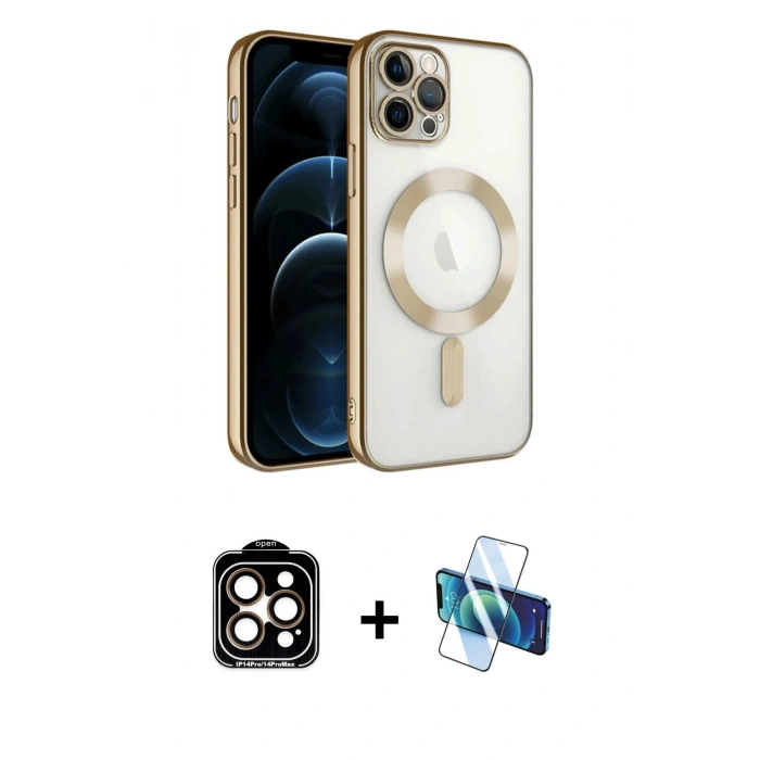 MARSİLYAN™- iPhone 14 Pro Max Kılıf Nova Işık Özel Seri - Siyah 3D Antistatik Cam Ekran Koruyucu + Turuncu PVD Metal Kamera Lens