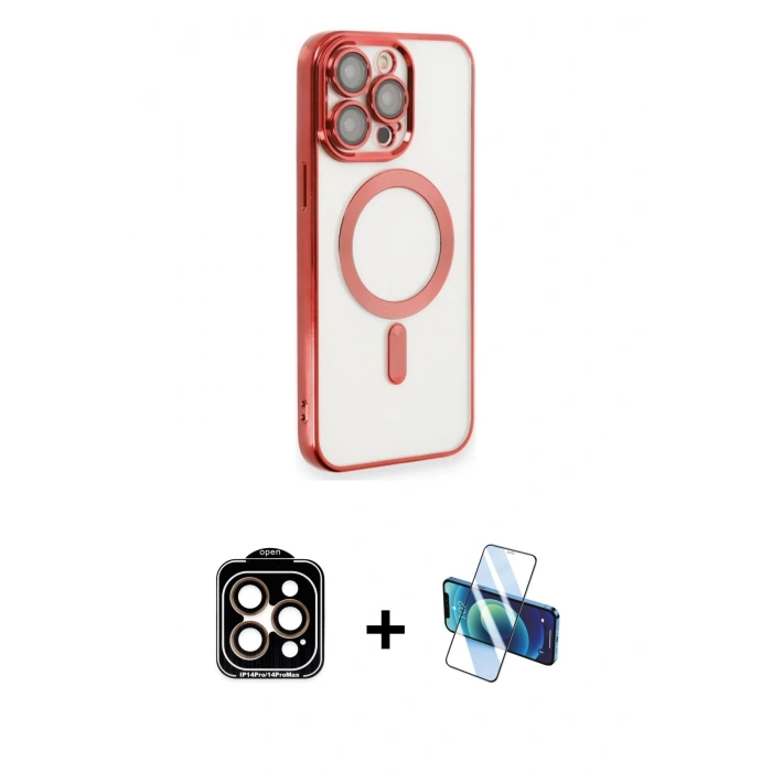 MARSİLYAN™- iPhone 14 Pro Max Kılıf Nova Işık Özel Seri - Siyah 3D Antistatik Cam Ekran Koruyucu + Turuncu PVD Metal Kamera Lens